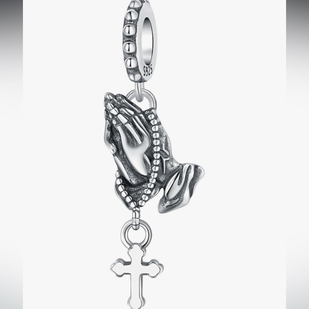 Praying Hands Catholic Charm with rosary stamped 925 fits all pandoras
